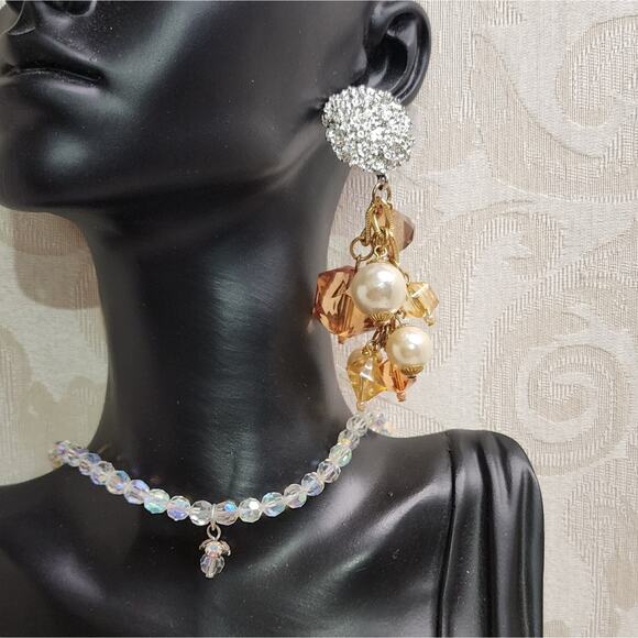 VINTAGE 70s STATEMENT CRYSTAL CLUSTER EARRINGS GOLD PEARL GLAM HOLLYWOOD - Picture 8 of 10